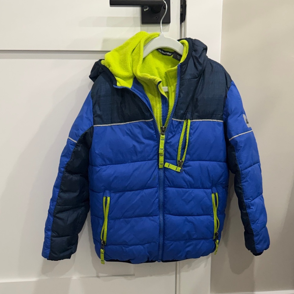 Snozu Blue and Neon Green Kids Puffer Jacket